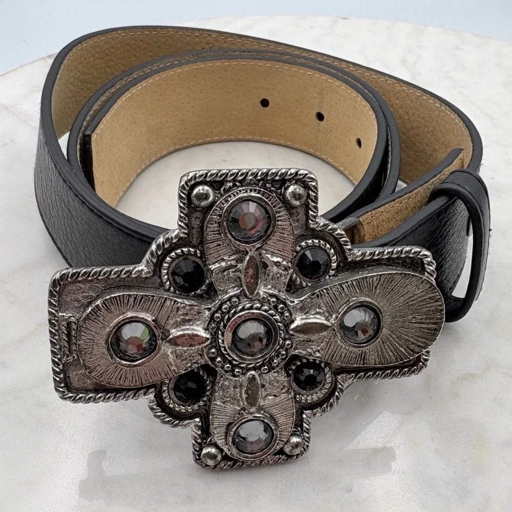 Leatherock Cross Buckle Belt Womens 36 Black Leather Studded Y2K Creed Rock